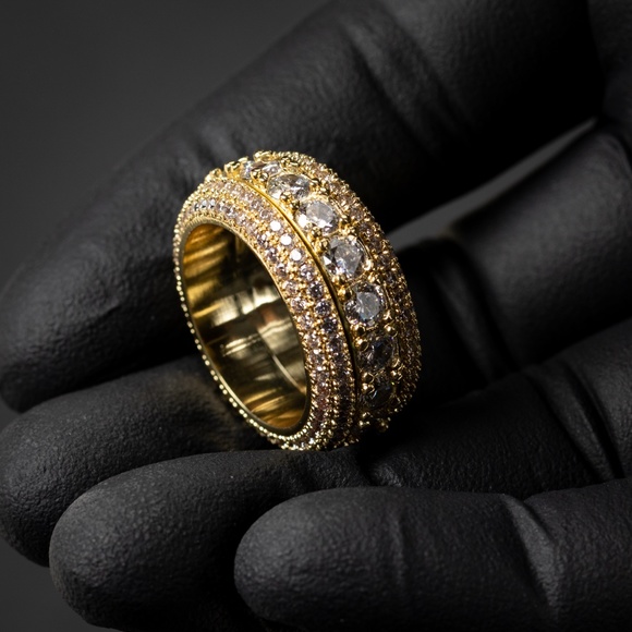 Yellow Gold Plated Iced Cz Pointer Hip Hop Elegant Men's Pinky Eternity Ring - Picture 4 of 6